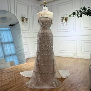 Ships in 2 to 5 Days - Saudi Arabic Sage Green Mermaid Evening Dress with Beaded Details and Long Cape for Formal Occasion