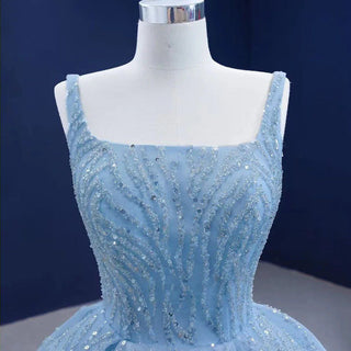 2025 Blue Luxury High-End Wedding Dress - Beaded Sleeveless Lace-Up Bridal Gown