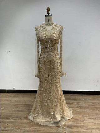Ships in 2 to 5 Days - 2025 Elegant Gold High Neck Formal Occasion Dress - Luxury Mermaid Evening Gown with Cape for Arabic Parties