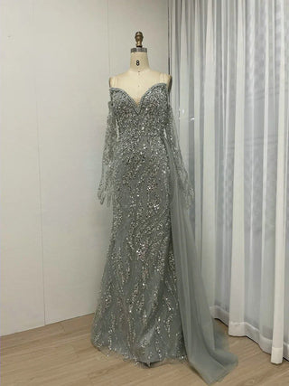 Ships in 2 to 5 Days - White Gorgeous Pleated Strapless Evening Gown - Luxury Rhinestone Mermaid Dress for Women’s Weddings and Parties in Dubai