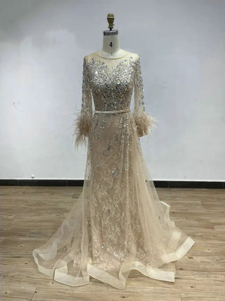 Ships in 2 to 5 Days - 2025 Muslim Luxurious A-Line Evening Gown - Beaded Feather Dress with Crew Neck and Long Sleeves for Weddings and Parties