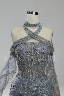 Beaded Halter Mermaid Evening Dress - LAROSABRIDE
