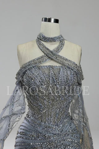 Beaded Halter Mermaid Evening Dress - LAROSABRIDE