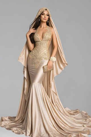 Embellished Mermaid Gown with Headpiece - LAROSABRIDE