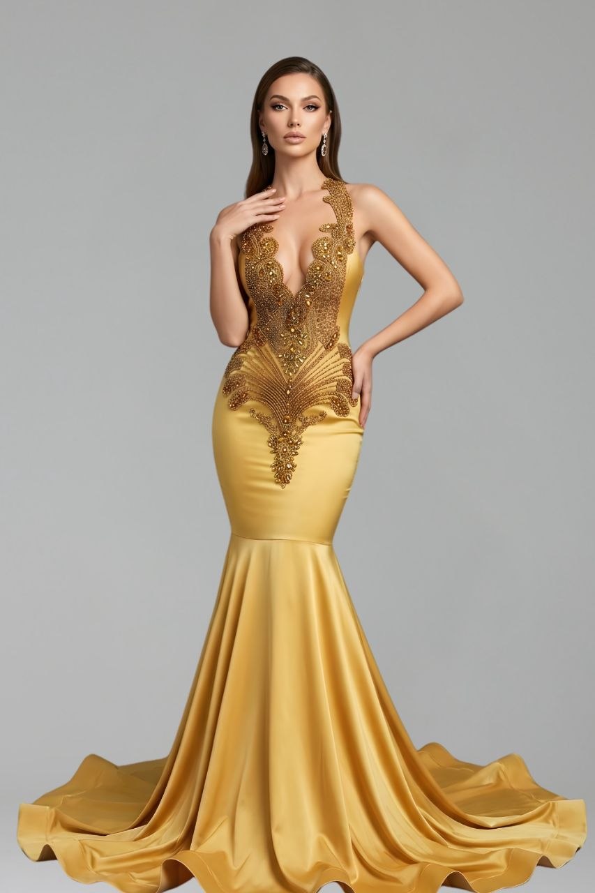 Embellished Deep Neck Mermaid Gown - LAROSABRIDE