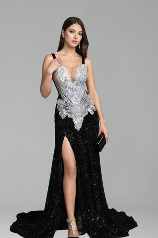 Embellished High Slit Sequin Gown - LAROSABRIDE