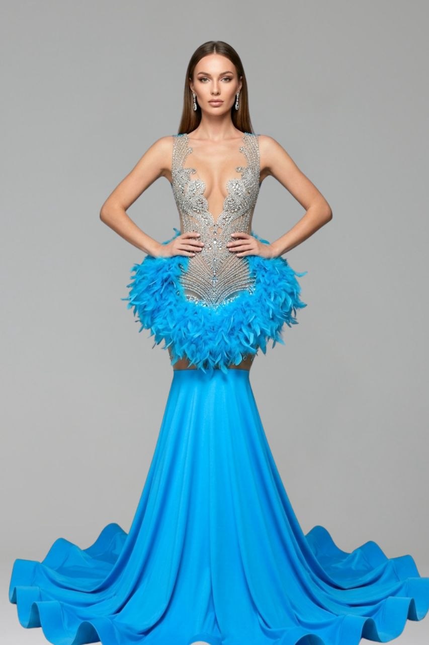 Feathered Embellished Mermaid Gown - LAROSABRIDE
