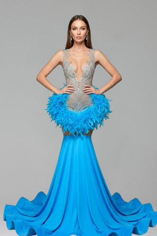 Feathered Embellished Mermaid Gown
