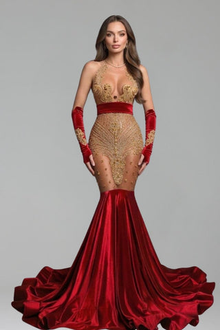 Sheer Embellished Satin Mermaid Gown - LAROSABRIDE