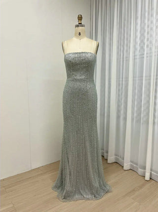 Ships in 2 to 5 Days - Grey Green Strapless Luxury Beaded Evening Dress - Exclusive Mermaid Gown with Gloves for Arabic Weddings and Formal Parties