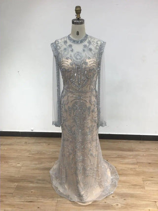 Ships in 2 to 5 Days - 2025 Elegant Gold High Neck Formal Occasion Dress - Luxury Mermaid Evening Gown with Cape for Arabic Parties