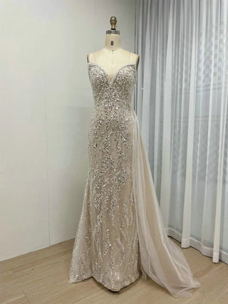 Ships in 2 to 5 Days - White Gorgeous Pleated Strapless Evening Gown - Luxury Rhinestone Mermaid Dress for Women’s Weddings and Parties in Dubai