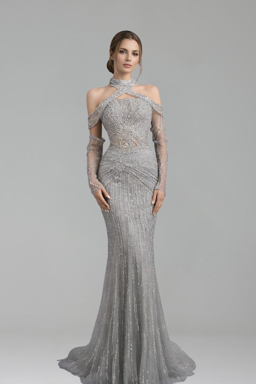 Beaded Halter Mermaid Evening Dress - LAROSABRIDE
