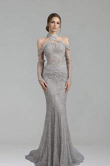 Beaded Halter Mermaid Evening Dress - LAROSABRIDE