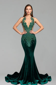 Velvet Embellished Illusion Mermaid Gown - LAROSABRIDE