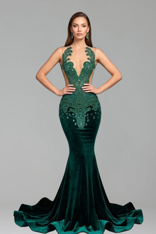 Velvet Embellished Illusion Mermaid Gown - LAROSABRIDE