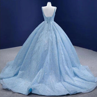 2025 Blue Luxury High-End Wedding Dress - Beaded Sleeveless Lace-Up Bridal Gown