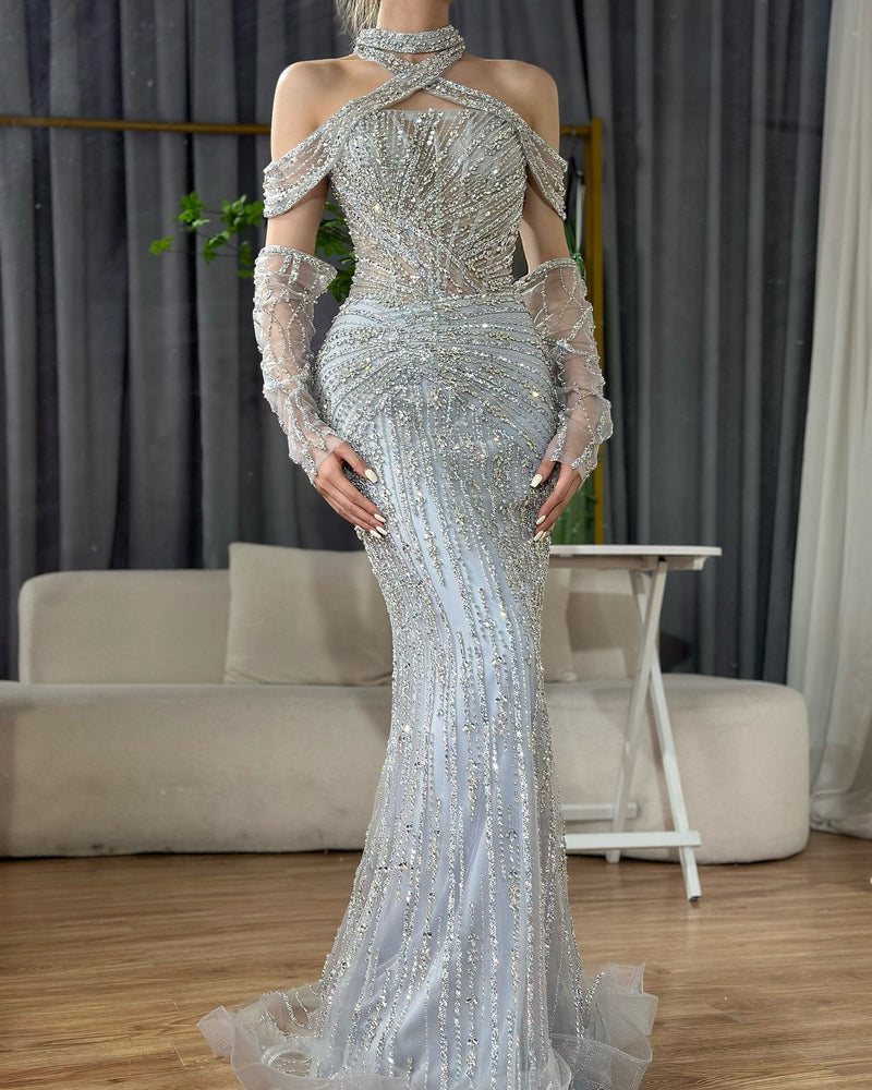 2025 Arabic Gray Decorative Halter Mermaid Luxury Dubai Evening Gown Beaded Dress for Women's Party