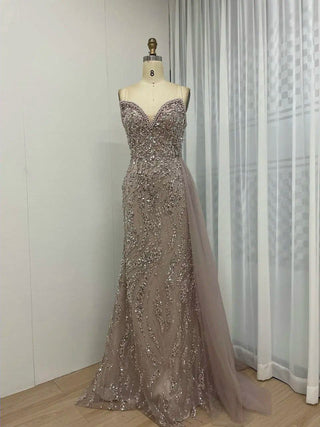 Ships in 2 to 5 Days - White Gorgeous Pleated Strapless Evening Gown - Luxury Rhinestone Mermaid Dress for Women’s Weddings and Parties in Dubai