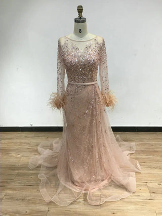 Ships in 2 to 5 Days - 2025 Muslim Luxurious A-Line Evening Gown - Beaded Feather Dress with Crew Neck and Long Sleeves for Weddings and Parties