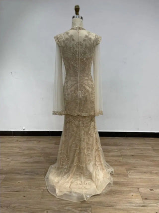 Ships in 2 to 5 Days - 2025 Elegant Gold High Neck Formal Occasion Dress - Luxury Mermaid Evening Gown with Cape for Arabic Parties