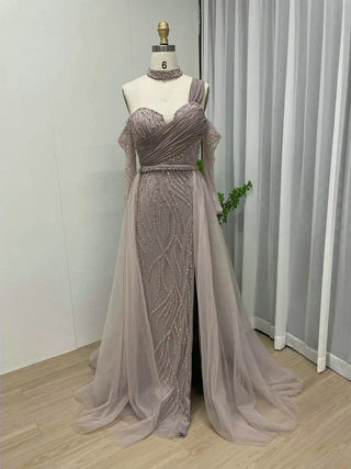 Ships in 2 to 5 Days - Pink Off-Shoulder Mermaid Evening Gown - Luxury Strapless High Split Beaded Dress with Train for Weddings and Parties