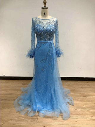 Ships in 2 to 5 Days - 2025 Muslim Luxurious A-Line Evening Gown - Beaded Feather Dress with Crew Neck and Long Sleeves for Weddings and Parties