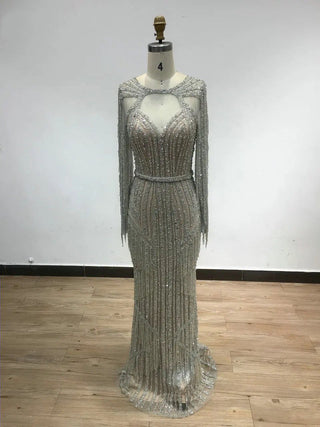 Ships in 2 to 5 Days - Silver Muslim Luxury Evening Dress 2025 with Mermaid Silhouette, Beaded Tassel Elegance - Ideal for Women's Party