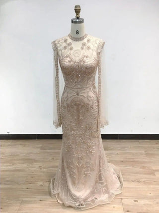 Ships in 2 to 5 Days - 2025 Elegant Gold High Neck Formal Occasion Dress - Luxury Mermaid Evening Gown with Cape for Arabic Parties