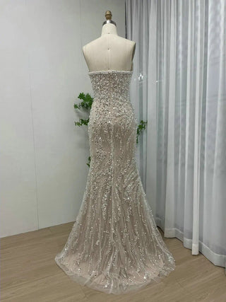 Ships in 2 to 5 Days - White Gorgeous Pleated Strapless Evening Gown - Luxury Rhinestone Mermaid Dress for Women’s Weddings and Parties in Dubai