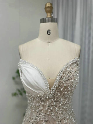 Ships in 2 to 5 Days - White Gorgeous Pleated Strapless Evening Gown - Luxury Rhinestone Mermaid Dress for Women’s Weddings and Parties in Dubai