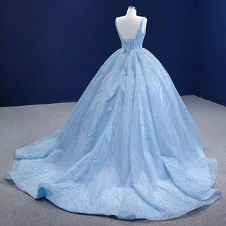 2025 Blue Luxury High-End Wedding Dress - Beaded Sleeveless Lace-Up Bridal Gown