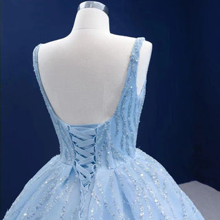 2025 Blue Luxury High-End Wedding Dress - Beaded Sleeveless Lace-Up Bridal Gown