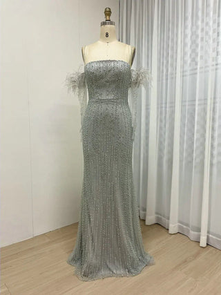 Ships in 2 to 5 Days - Grey Green Strapless Luxury Beaded Evening Dress - Exclusive Mermaid Gown with Gloves for Arabic Weddings and Formal Parties