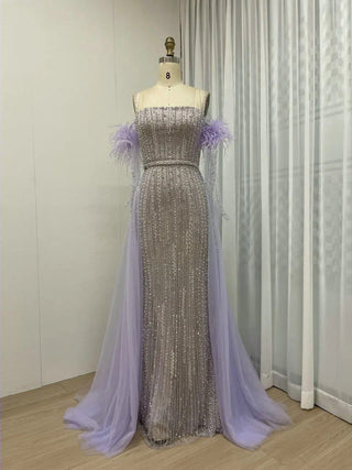 Ships in 2 to 5 Days - Grey Green Strapless Luxury Beaded Evening Dress - Exclusive Mermaid Gown with Gloves for Arabic Weddings and Formal Parties