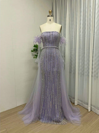 Ships in 2 to 5 Days - Grey Green Strapless Luxury Beaded Evening Dress - Exclusive Mermaid Gown with Gloves for Arabic Weddings and Formal Parties