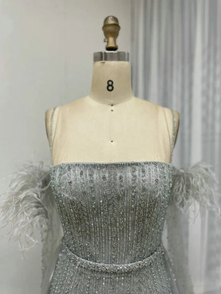 Ships in 2 to 5 Days - Grey Green Strapless Luxury Beaded Evening Dress - Exclusive Mermaid Gown with Gloves for Arabic Weddings and Formal Parties