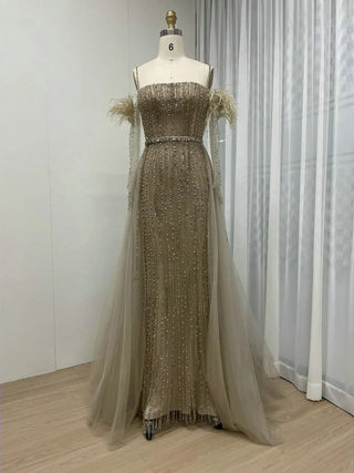 Ships in 2 to 5 Days - Grey Green Strapless Luxury Beaded Evening Dress - Exclusive Mermaid Gown with Gloves for Arabic Weddings and Formal Parties