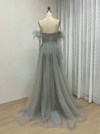 Ships in 2 to 5 Days - Grey Green Strapless Luxury Beaded Evening Dress - Exclusive Mermaid Gown with Gloves for Arabic Weddings and Formal Parties
