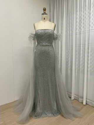 Ships in 2 to 5 Days - Grey Green Strapless Luxury Beaded Evening Dress - Exclusive Mermaid Gown with Gloves for Arabic Weddings and Formal Parties