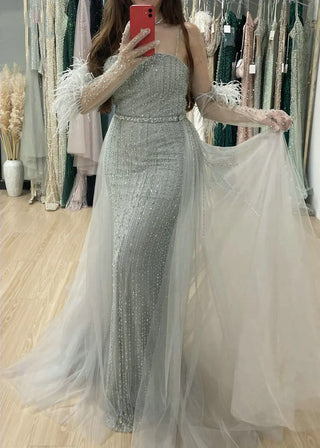 Ships in 2 to 5 Days - Grey Green Strapless Luxury Beaded Evening Dress - Exclusive Mermaid Gown with Gloves for Arabic Weddings and Formal Parties
