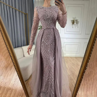 Ships in 2 to 5 Days - Silver Nude Mermaid Evening Gown: Over Skirt, Beaded Luxury Dubai Dresses - Long Women's Wedding Party Gowns 2025