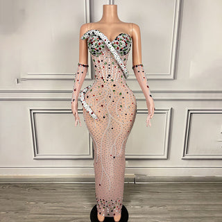 Strapless Embellished Gown with Floral Details and Sheer Gloves
