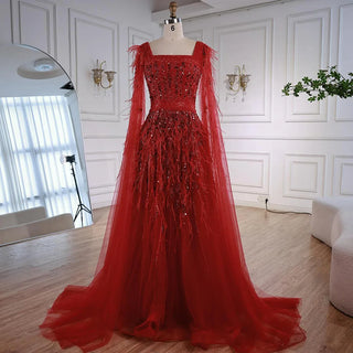 Ships in 2 to 5 Days - Luxury Elegant Blue Beaded A-Line Evening Dress – Formal Gown with Feather Details.