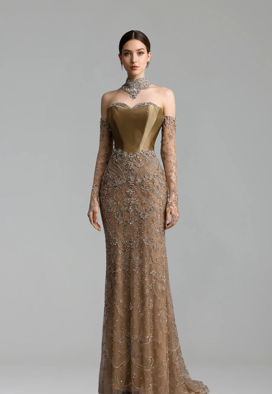 Detachable High-Neck Beaded Dress - LAROSABRIDE
