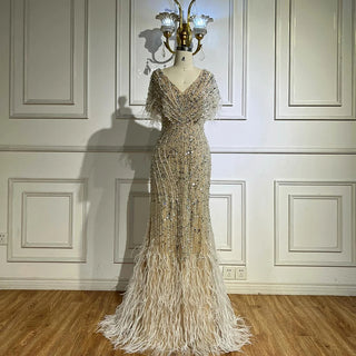 Ships in 2 to 5 Days - Elegant White Nude Beaded Mermaid Evening Gown – 2025 Saudi-Inspired Dress with Feather Details