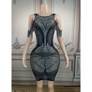 Sultry Glamour: Latest Fashion Sexy Mesh See-Through Dress with Rhinestones  - Summer Party Club Short Bodycon for Women