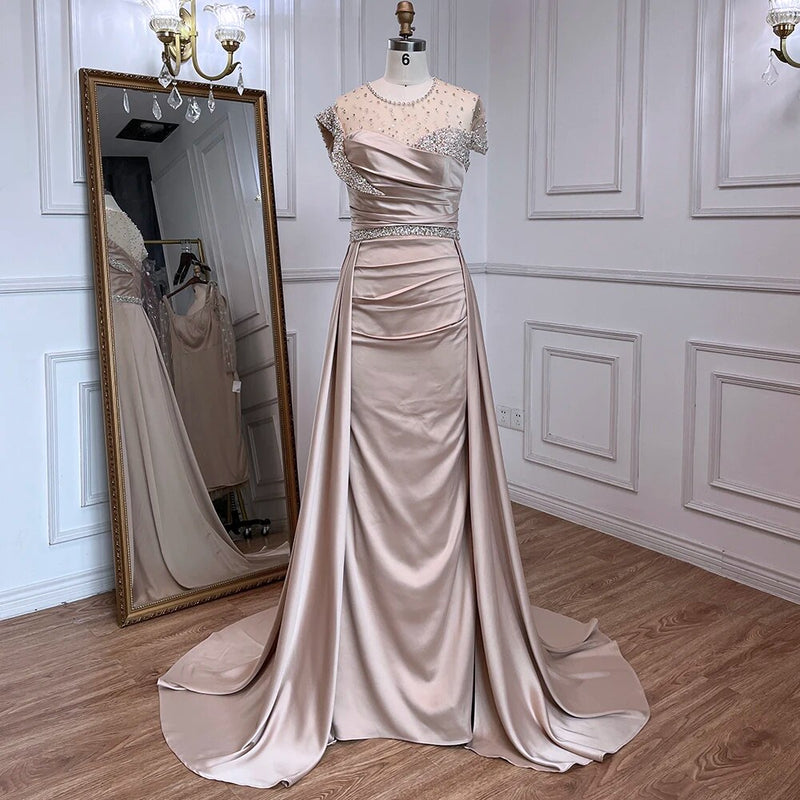 2025 Arabic Nude Mermaid Evening Gown: Elegant Satin with Overskirt and Luxury Beading for Women's Party Glamour