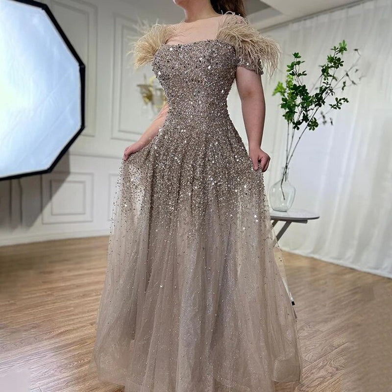 Ships in 2 to 5 Days - 2025 Caramel A-Line Evening Gown: Sweetheart Neckline with Luxurious Beading and Feather Accents - Ideal for Women's Party Glamour