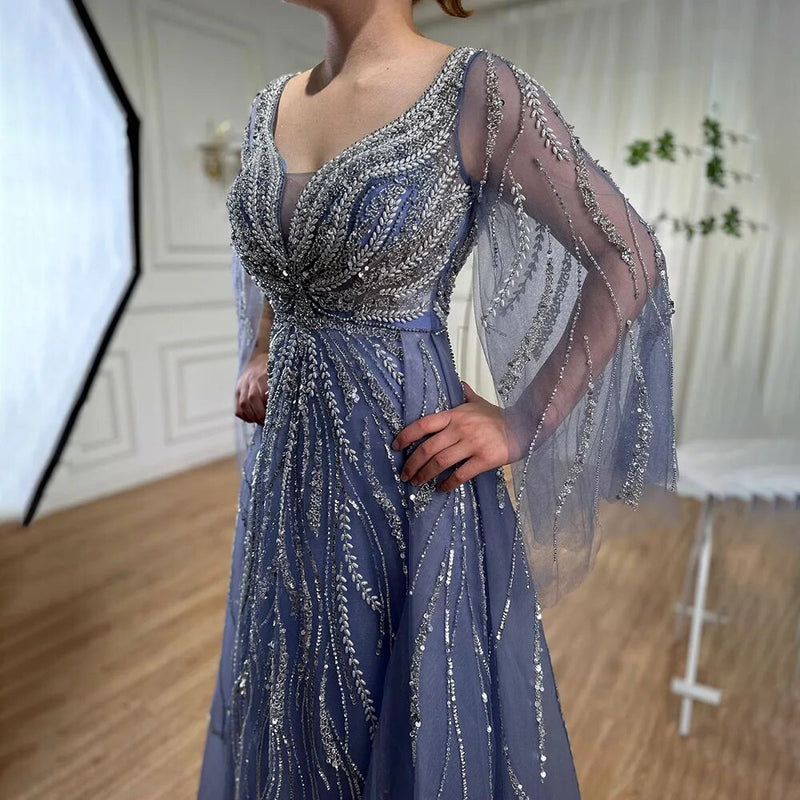 2025 Blue A-Line Evening Gown: Arabic-Inspired Beaded Detail with Long Sleeves for Women's Wedding Celebrations